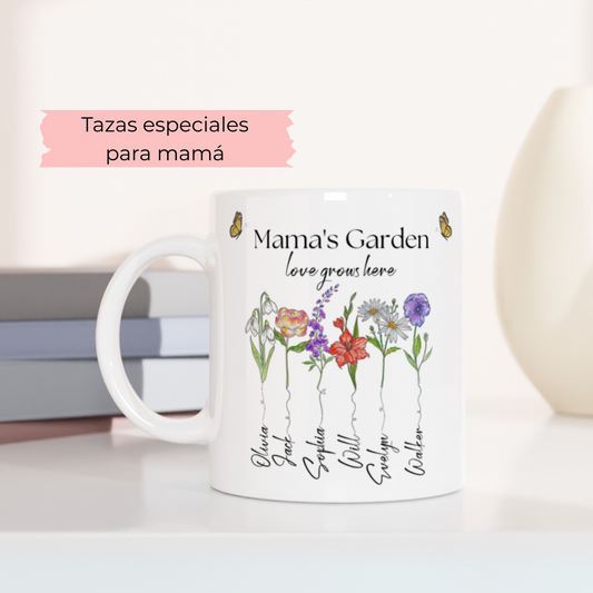 Taza Mama's Garden - El Jardín de Mamá - TAZA CON LOS NOMBRES DE TUS HIJOS- Taza Personalizada para Mamá